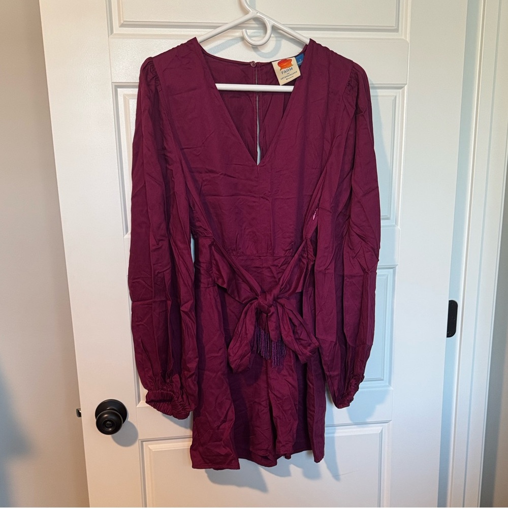 NWT Farm Rio for Anthropologie Plum Bell-Sleeve Romper w/ Beaded Belt Size Small